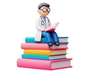 3D doctor figure wearing a stethoscope sitting on colorful books isolated on transparent background