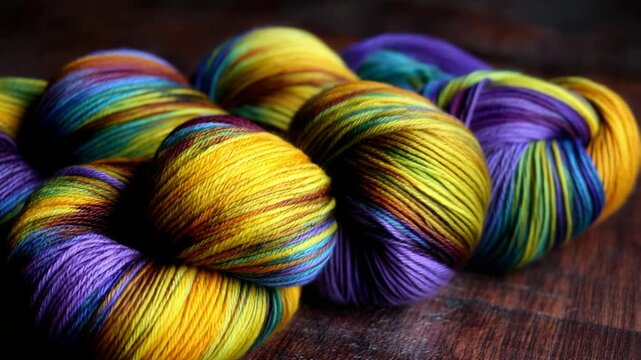 Close-up of Vibrant Multicolored Yarn Skeins on Dark Wood Surface displaying beautiful colors and textures for crafting and fiber arts projects.