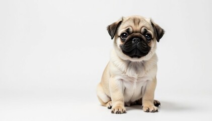 A single, fluffy pug poses against a pure white backdrop , canine, puppy
