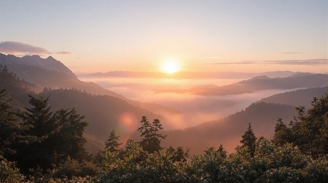 A sunrise over a quiet mountain range with mist