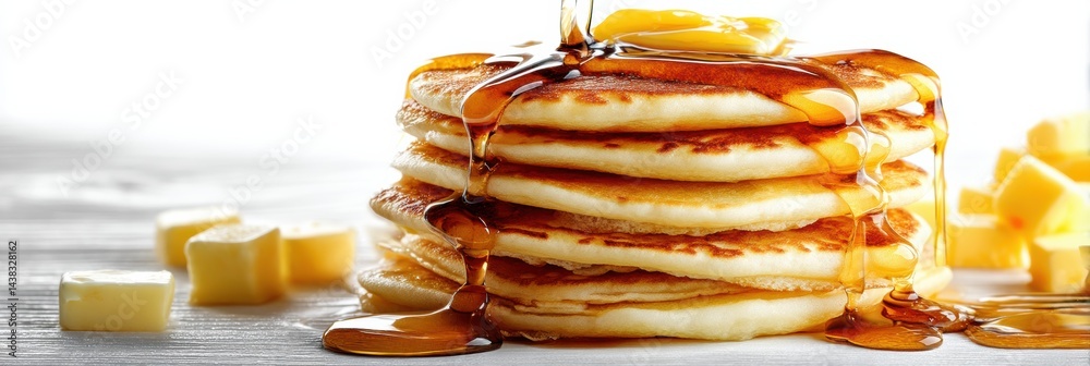 Poster delicious stack of fluffy pancakes dripping with syrup and topped with butter on a clean white backg