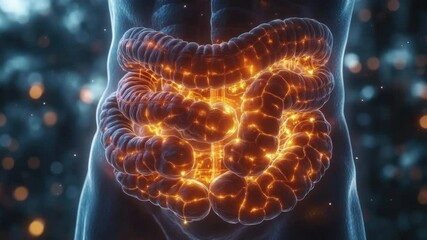 A 3D illustration depicting the intricate anatomy of the human intestines, with a luminous, fiery glow illuminating the digestive system.