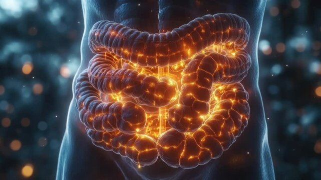 A 3D illustration depicting the intricate anatomy of the human intestines, with a luminous, fiery glow illuminating the digestive system.