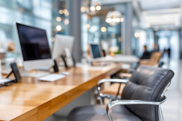 Fototapeta premium Blurred background of modern office with office chairs and corporate computers