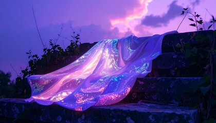 Enchanted Silk Cloak resting atop ancient stone steps, iridescent patterns glowing gently under a violet twilight sky, thick vines creeping around,