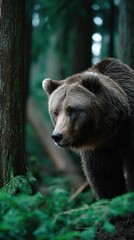 Majestic brown bear in a lush forest