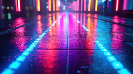 Futuristic neon city street at night, glowing lights, cyberpunk style, reflections on wet pavement, vibrant pink, blue and purple tones, cinematic lighting, ultra-realistic style
