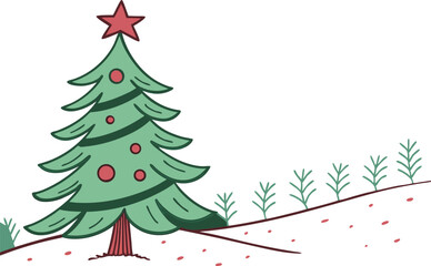 Small Green Christmas Tree with Red Star Simple Flat Vector Illustration