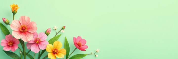 Fototapeta premium Hand drawn spring flowers on a light green background , hand drawn, spring, background