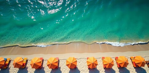 Aerial view of sandy baltic sea coast with beach umbrellas, beach, summer