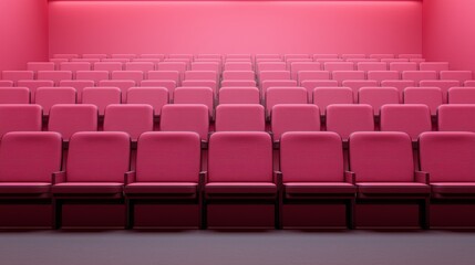 Obraz premium A vibrant pink theater seating arrangement, showcasing rows of empty chairs in a modern, minimalist design.