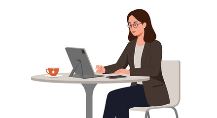 Business Woman Working on Tablet at Cafe