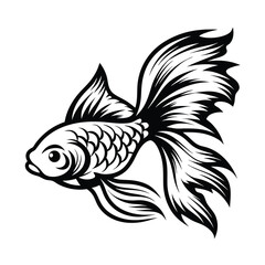Black and White Goldfish Silhouette, Elegant Flowing Fins, Aquatic Pet Symbol, Simple