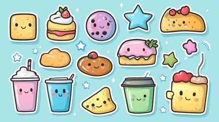 Collection of cute kawaii-style stickers, pastel colors, cartoon food characters, smiling emojis, bubble tea, stars and hearts, outlined with white stroke, for digital use