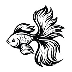 Decorative Siamese Fighting Fish Silhouette, Ornamental Betta Fish Illustration, Black and White
