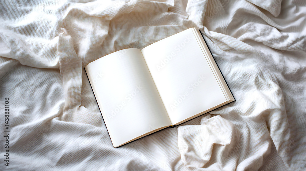 Poster Open blank book on a soft white blanket for journaling or creative writing concepts : Generative AI