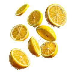 Several lemon slices and halves are scattered on a white background.