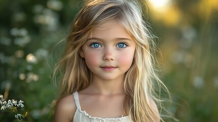 Fototapeta premium Girl, blonde hair, blue eyes, field, sunset, child portrait