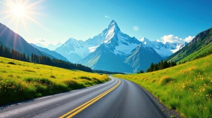 Asphalt ribbon unwinding through vibrant meadows towards majestic snow-capped peaks under a brilliant sun.