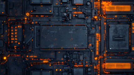 Futuristic circuit board with glowing orange lights and intricate electronic components.