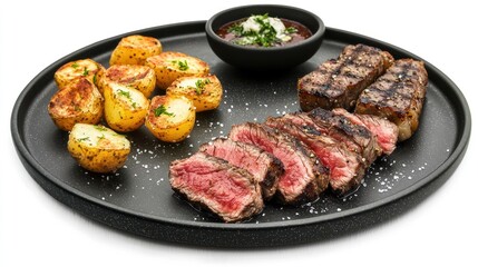 Black plates with sliced steak, crispy potatoes, and garlic sauce on white background.