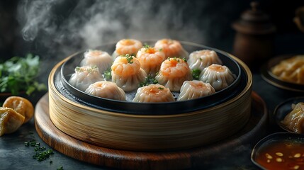 **Assorted Chinese Dim Sum In Bamboo Steamer, Shrimp Dumplings, Bao, And Siu Mai, Styled For High-End Asian Fusion Menu --Ar 16:9 --S 270** - @Darya (Relaxed) -# Create, Explore, And Organize On [Midj