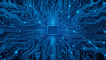 Futuristic Blue Electronic Circuit Board with Central Component