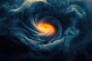 Fototapeta premium A swirling vortex of dark blue smoke envelops a fiery orange core, creating a mesmerizing abstract image.