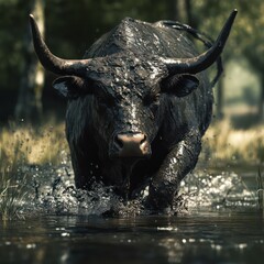 Fototapeta premium Black bull wading through water
