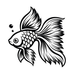 Decorative Goldfish Outline, Flowing Fins, Bubbles, Aquatic Pet, Isolated on White