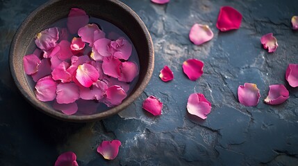 Pink Rose Petals Floating in Water in Wooden Bowl on a Dark Stone Surface