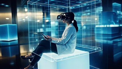 Futuristic 3d render of woman using tablet and vr headset inside glowing digital cube. 4K video - Powered by Adobe