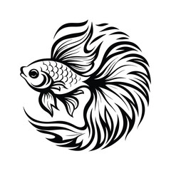 Betta Fish Illustration, Monochrome Silhouette, Elegant Fins, Flowing Tail, Aquatic Life
