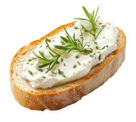Slice of bread with cream cheese and rosemary on transparent background