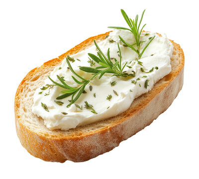 Slice of bread with cream cheese and rosemary on transparent background