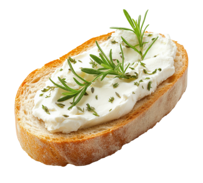 Slice of bread with cream cheese and rosemary on transparent background