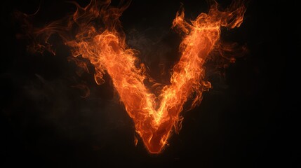 Fiery letter V, dark background, inferno, design element
