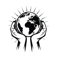 Earth Sphere Held by Two Hands, Black and White Icon with Radiating Lines