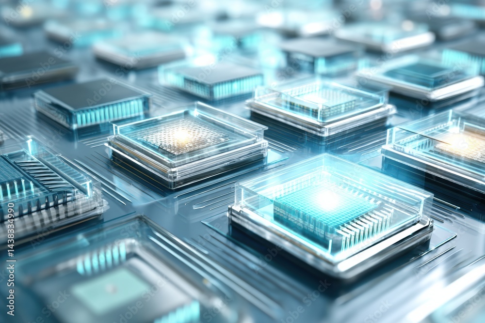 Poster Quantum Computer Chips Illuminate a Futuristic Setting With Deep Blue Tones and Advanced Technology Layout