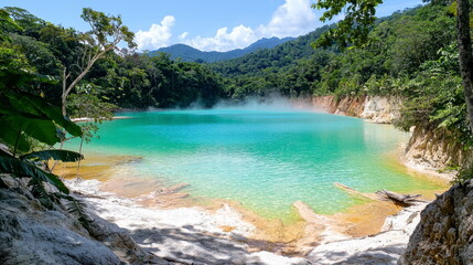 Vibrant Turquoise Tropical Lake with Steam Rising