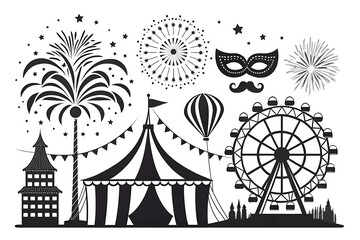 Festive carnival scene Ferris wheel circus tent fireworks mask hot air balloon in monochrome style graphic design