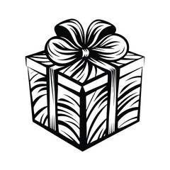 Black and White Gift Box Art Square Shape with Ribbon and Bow Elegant Design Element