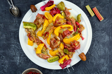 Baked rhubarb on skewers.