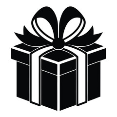 Black Silhouette Gift Box with Ribbon and Bow Graphic, Isolated on White Background