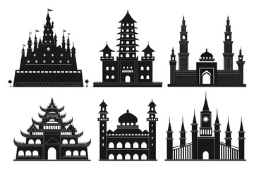 Fototapeta premium Six iconic architectural silhouettes majestic castles pagodas mosques and temples in simple black and white design