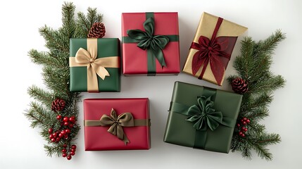 Christmas gifts wrapped presents holiday season festive celebration pine cones berries evergreen decor gifts