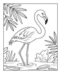 Flamingo on nature background coloring page for kids, black line art vector illustration on white background
