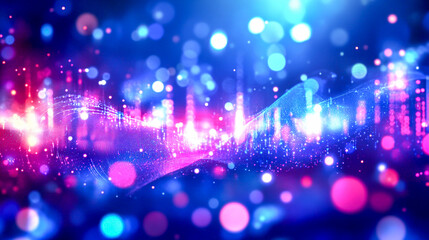 Abstract blue and purple background with glowing wavy lines of dots, lights, and bokeh. Digital sound waves, a music technology concept