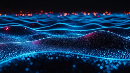 Abstract digital landscape.  Dynamic wave patterns of glowing particles