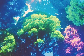 Fototapeta premium Enchanted Forest Canopy: A surreal dreamscape of vibrant, multicolored treetops, bathed in ethereal light, creates a whimsical and enchanting atmosphere.